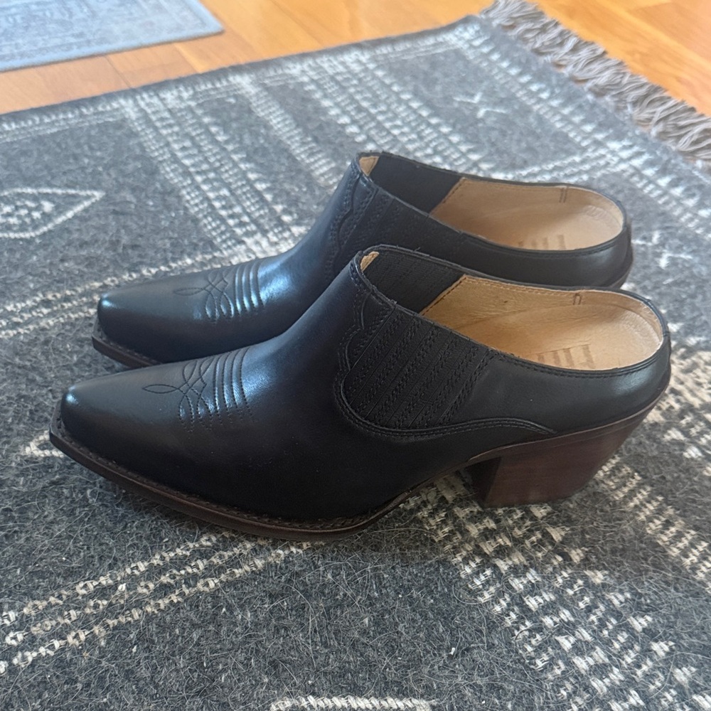 Frye Black Leather Slip-On Mule Heels